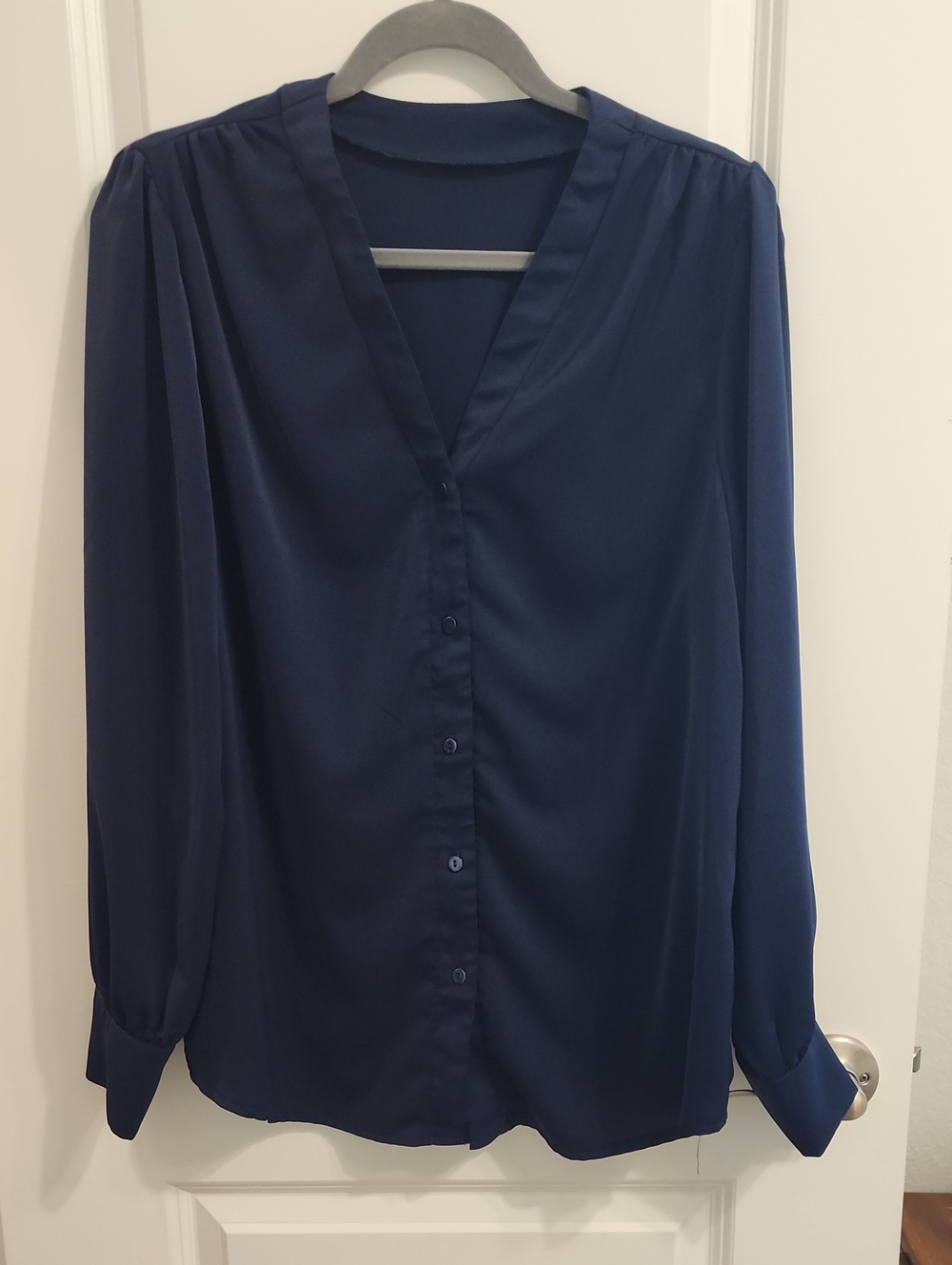 Navy V-Neck Button-Front Blouse - Women Large